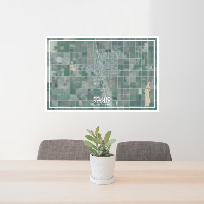 24x36 Delano California Map Print Lanscape Orientation in Afternoon Style Behind 2 Chairs Table and Potted Plant