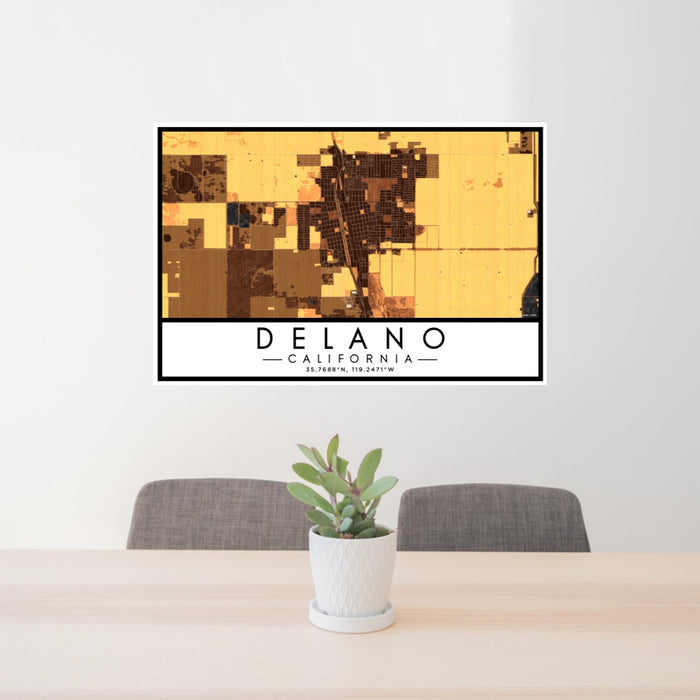 24x36 Delano California Map Print Lanscape Orientation in Ember Style Behind 2 Chairs Table and Potted Plant