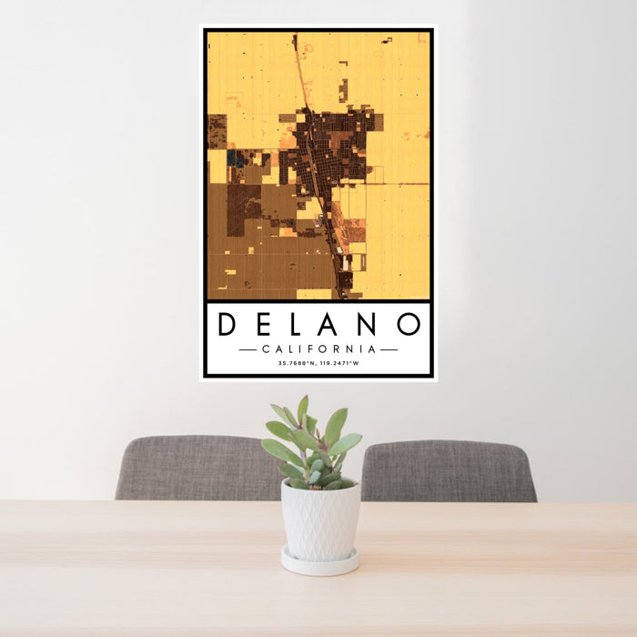 24x36 Delano California Map Print Portrait Orientation in Ember Style Behind 2 Chairs Table and Potted Plant
