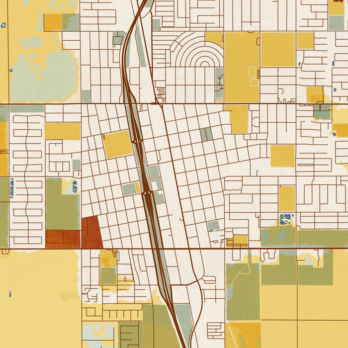 Delano California Map Print in Woodblock Style Zoomed In Close Up Showing Details
