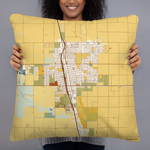 Person holding 22x22 Custom Delano California Map Throw Pillow in Woodblock