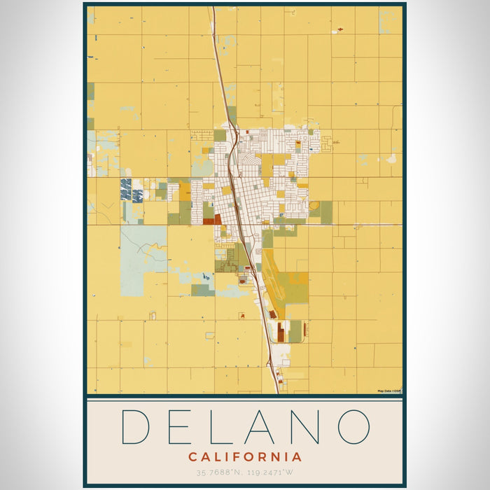Delano California Map Print Portrait Orientation in Woodblock Style With Shaded Background