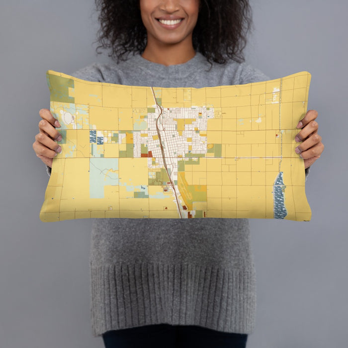 Person holding 20x12 Custom Delano California Map Throw Pillow in Woodblock