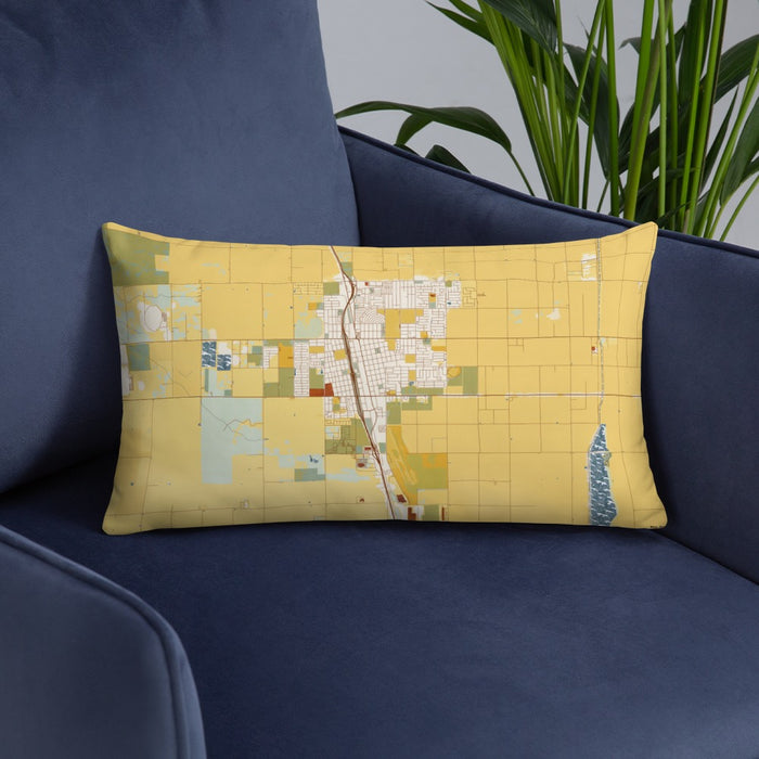 Custom Delano California Map Throw Pillow in Woodblock on Blue Colored Chair