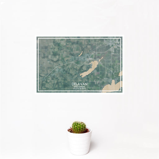 12x18 Delavan Wisconsin Map Print Landscape Orientation in Afternoon Style With Small Cactus Plant in White Planter