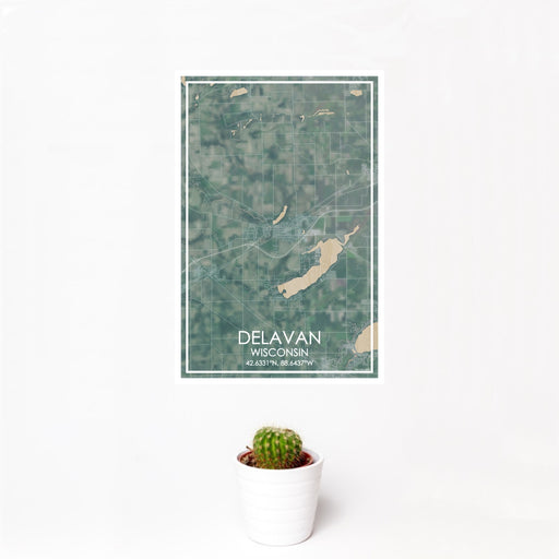 12x18 Delavan Wisconsin Map Print Portrait Orientation in Afternoon Style With Small Cactus Plant in White Planter
