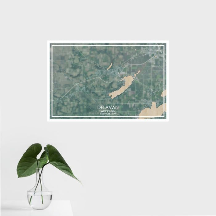 16x24 Delavan Wisconsin Map Print Landscape Orientation in Afternoon Style With Tropical Plant Leaves in Water