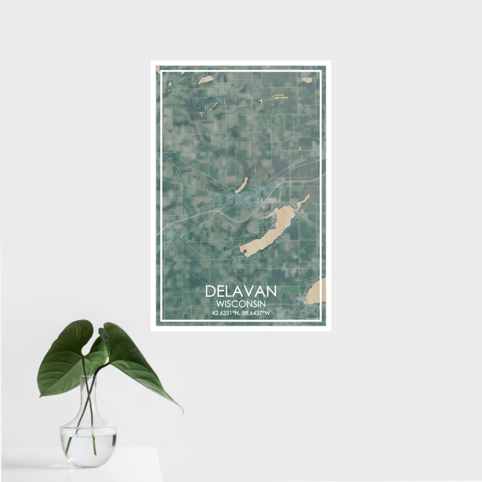 16x24 Delavan Wisconsin Map Print Portrait Orientation in Afternoon Style With Tropical Plant Leaves in Water