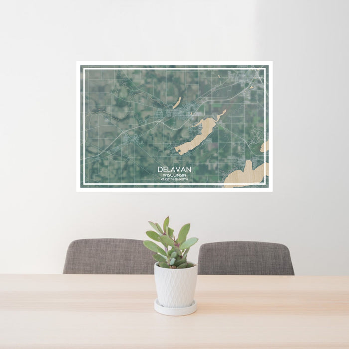 24x36 Delavan Wisconsin Map Print Lanscape Orientation in Afternoon Style Behind 2 Chairs Table and Potted Plant