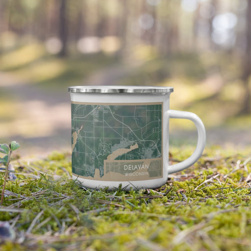 Right View Custom Delavan Wisconsin Map Enamel Mug in Afternoon on Grass With Trees in Background