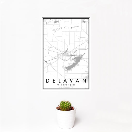 12x18 Delavan Wisconsin Map Print Portrait Orientation in Classic Style With Small Cactus Plant in White Planter