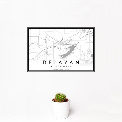 12x18 Delavan Wisconsin Map Print Landscape Orientation in Classic Style With Small Cactus Plant in White Planter