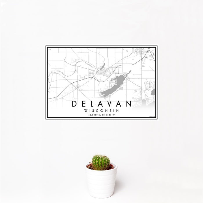 12x18 Delavan Wisconsin Map Print Landscape Orientation in Classic Style With Small Cactus Plant in White Planter