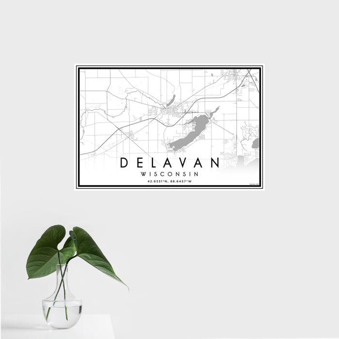 16x24 Delavan Wisconsin Map Print Landscape Orientation in Classic Style With Tropical Plant Leaves in Water