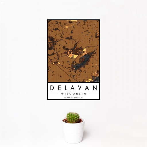 12x18 Delavan Wisconsin Map Print Portrait Orientation in Ember Style With Small Cactus Plant in White Planter