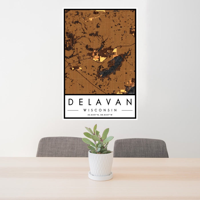 24x36 Delavan Wisconsin Map Print Portrait Orientation in Ember Style Behind 2 Chairs Table and Potted Plant