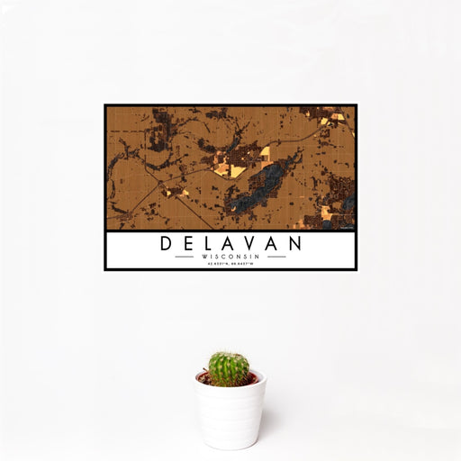 12x18 Delavan Wisconsin Map Print Landscape Orientation in Ember Style With Small Cactus Plant in White Planter