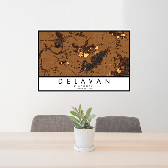 24x36 Delavan Wisconsin Map Print Landscape Orientation in Ember Style Behind 2 Chairs Table and Potted Plant