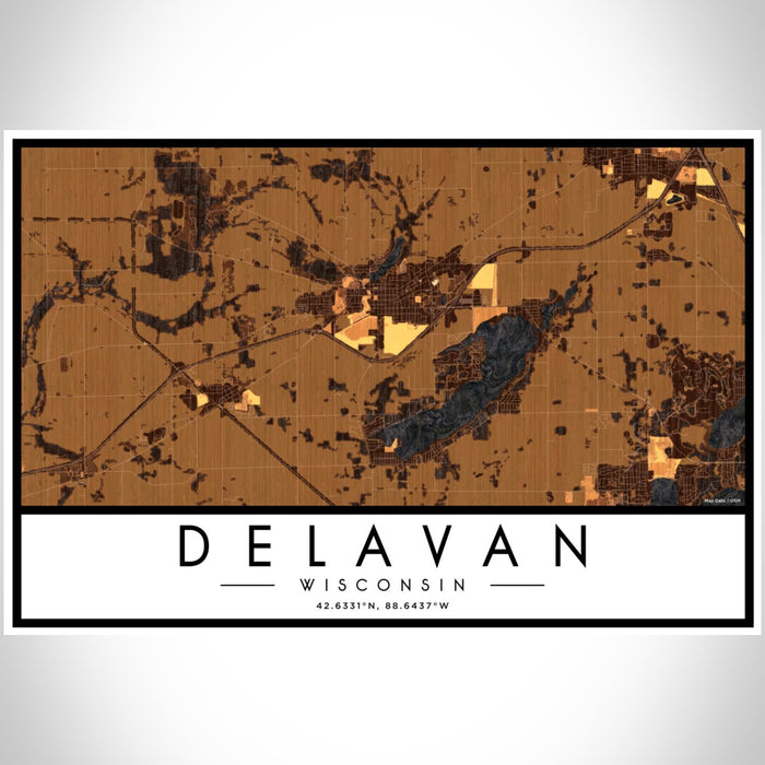 Delavan Wisconsin Map Print Landscape Orientation in Ember Style With Shaded Background