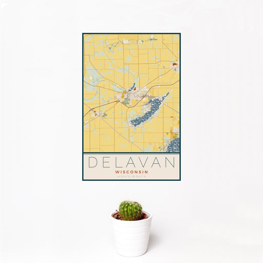 12x18 Delavan Wisconsin Map Print Portrait Orientation in Woodblock Style With Small Cactus Plant in White Planter