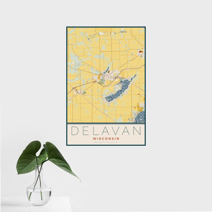 16x24 Delavan Wisconsin Map Print Portrait Orientation in Woodblock Style With Tropical Plant Leaves in Water