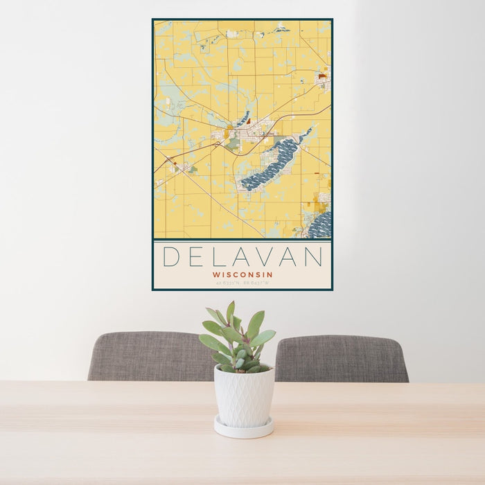 24x36 Delavan Wisconsin Map Print Portrait Orientation in Woodblock Style Behind 2 Chairs Table and Potted Plant