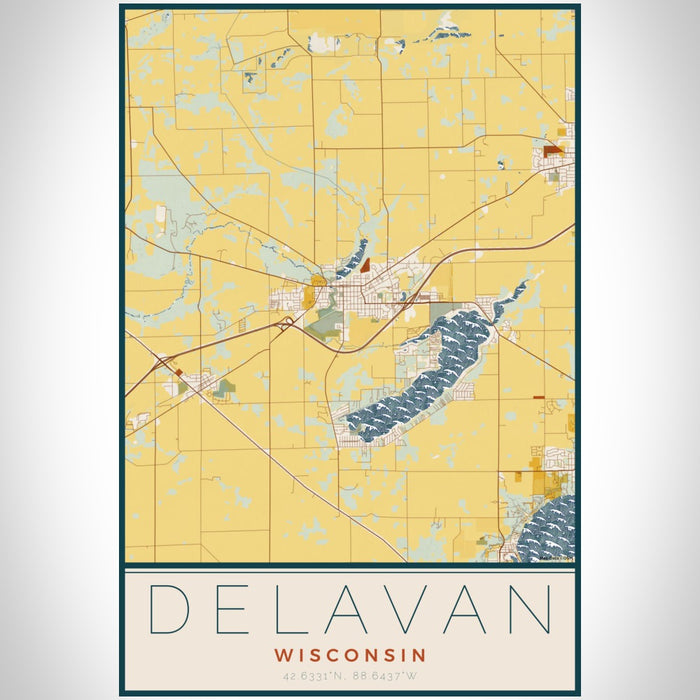 Delavan Wisconsin Map Print Portrait Orientation in Woodblock Style With Shaded Background