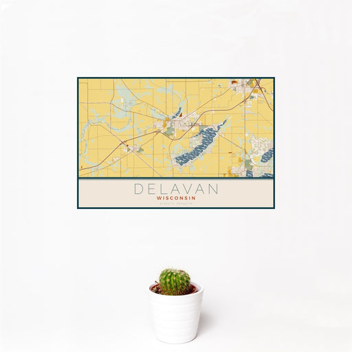 12x18 Delavan Wisconsin Map Print Landscape Orientation in Woodblock Style With Small Cactus Plant in White Planter