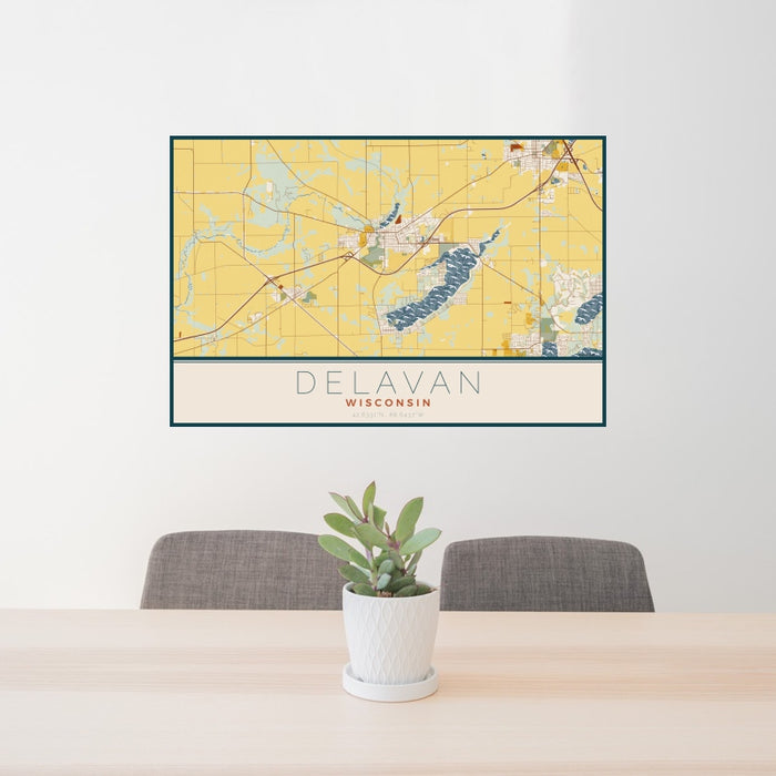 24x36 Delavan Wisconsin Map Print Landscape Orientation in Woodblock Style Behind 2 Chairs Table and Potted Plant