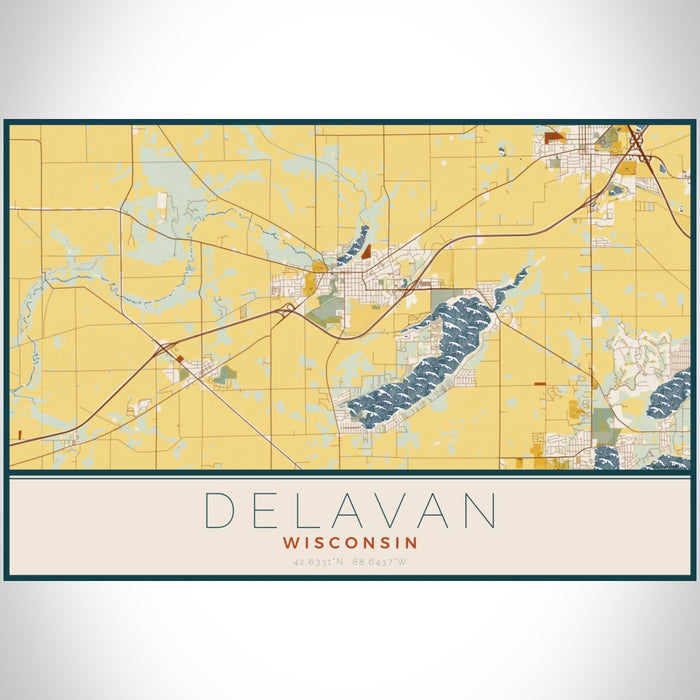 Delavan Wisconsin Map Print Landscape Orientation in Woodblock Style With Shaded Background