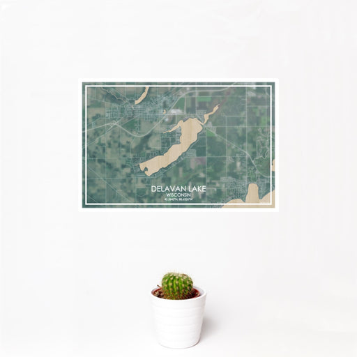 12x18 Delavan Lake Wisconsin Map Print Landscape Orientation in Afternoon Style With Small Cactus Plant in White Planter