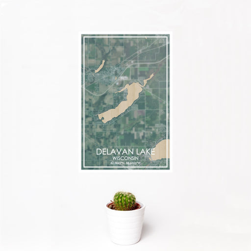 12x18 Delavan Lake Wisconsin Map Print Portrait Orientation in Afternoon Style With Small Cactus Plant in White Planter