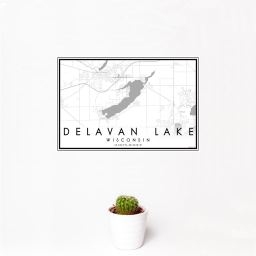 12x18 Delavan Lake Wisconsin Map Print Landscape Orientation in Classic Style With Small Cactus Plant in White Planter