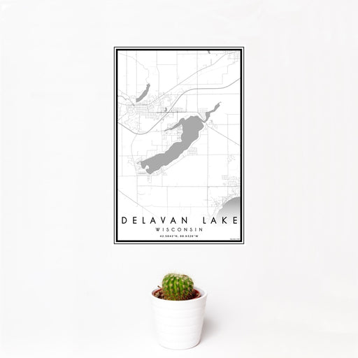 12x18 Delavan Lake Wisconsin Map Print Portrait Orientation in Classic Style With Small Cactus Plant in White Planter