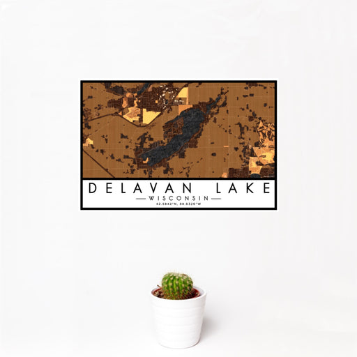 12x18 Delavan Lake Wisconsin Map Print Landscape Orientation in Ember Style With Small Cactus Plant in White Planter