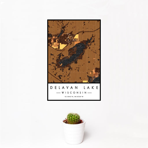 12x18 Delavan Lake Wisconsin Map Print Portrait Orientation in Ember Style With Small Cactus Plant in White Planter