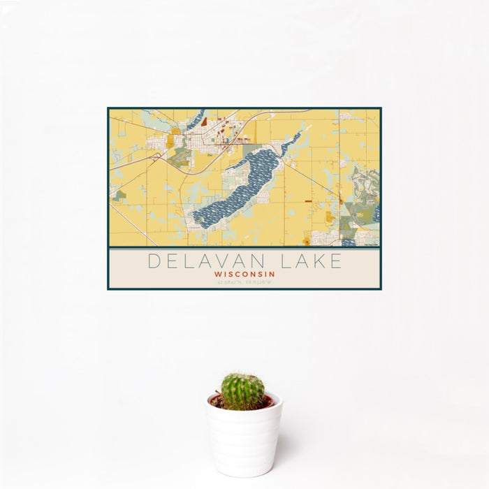 12x18 Delavan Lake Wisconsin Map Print Landscape Orientation in Woodblock Style With Small Cactus Plant in White Planter