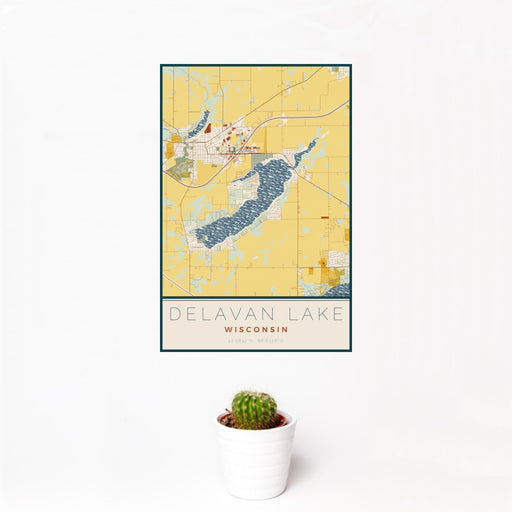 12x18 Delavan Lake Wisconsin Map Print Portrait Orientation in Woodblock Style With Small Cactus Plant in White Planter