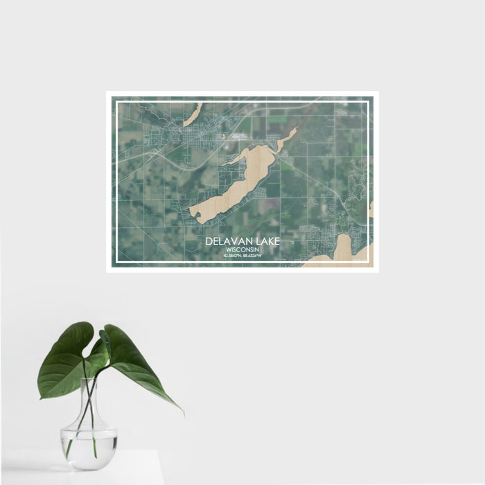 16x24 Delavan Lake Wisconsin Map Print Landscape Orientation in Afternoon Style With Tropical Plant Leaves in Water