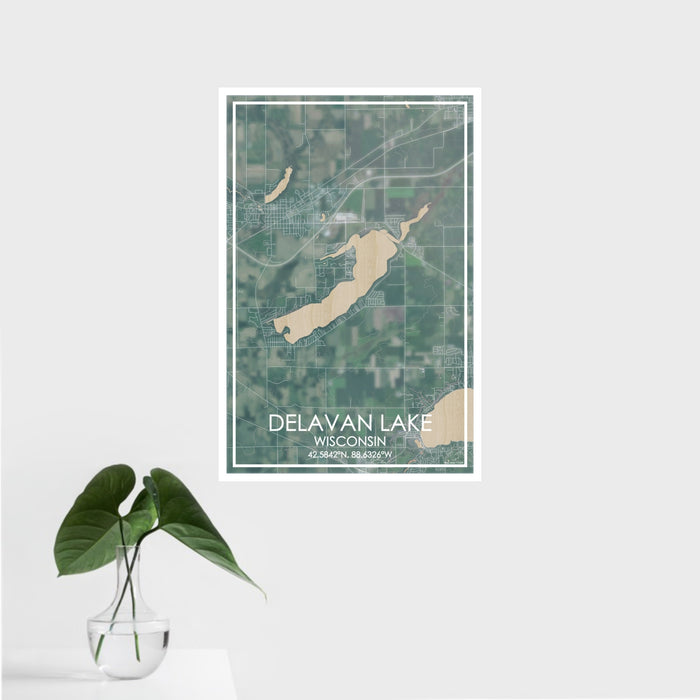 16x24 Delavan Lake Wisconsin Map Print Portrait Orientation in Afternoon Style With Tropical Plant Leaves in Water