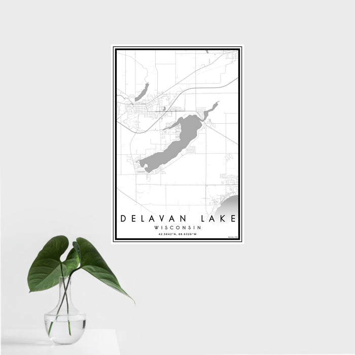 16x24 Delavan Lake Wisconsin Map Print Portrait Orientation in Classic Style With Tropical Plant Leaves in Water