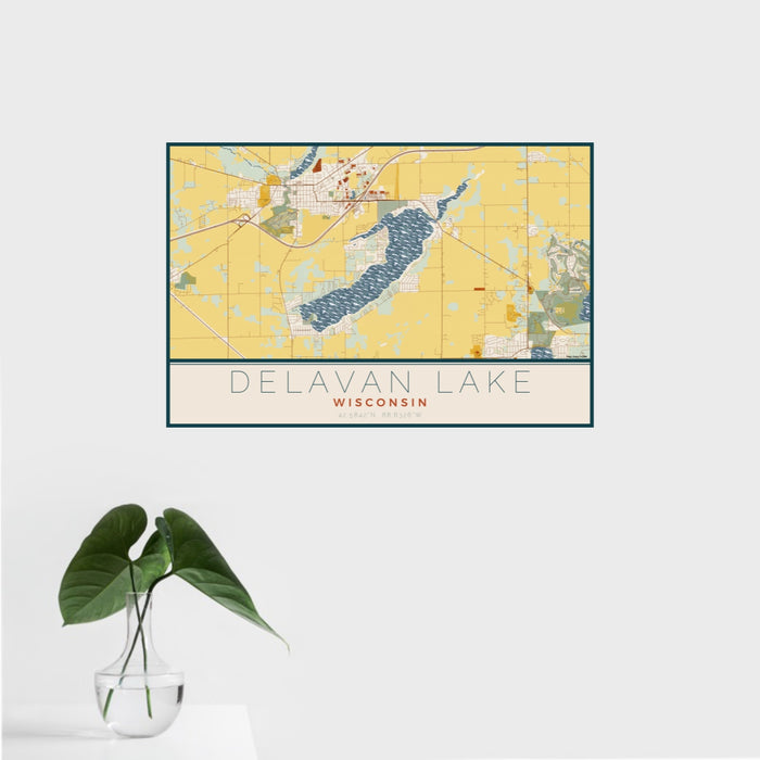 16x24 Delavan Lake Wisconsin Map Print Landscape Orientation in Woodblock Style With Tropical Plant Leaves in Water