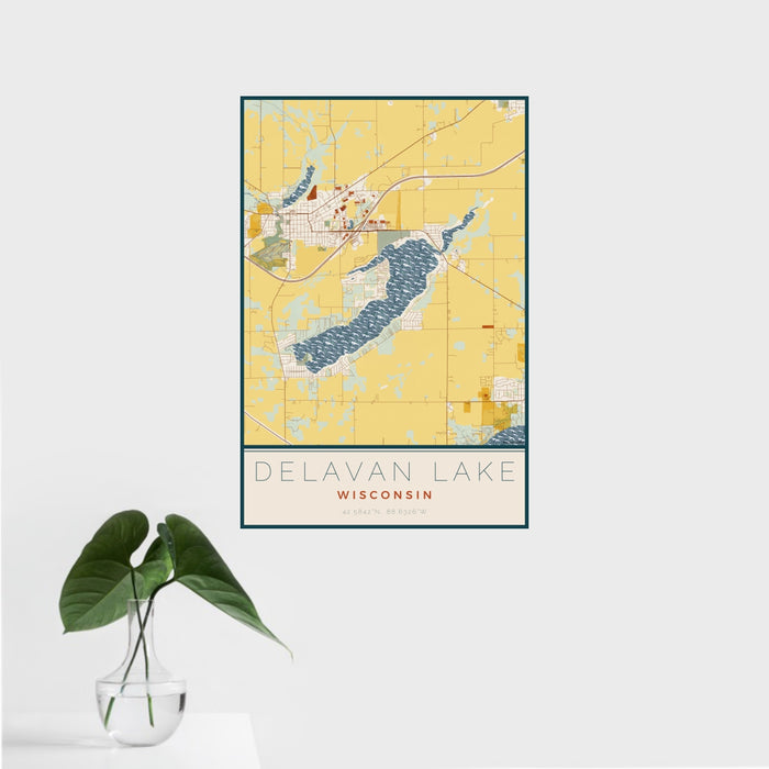 16x24 Delavan Lake Wisconsin Map Print Portrait Orientation in Woodblock Style With Tropical Plant Leaves in Water