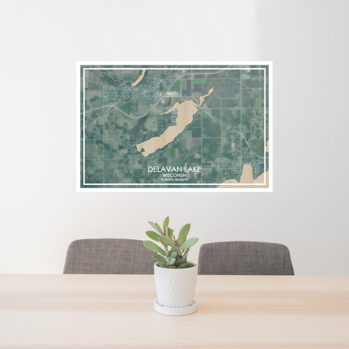 24x36 Delavan Lake Wisconsin Map Print Lanscape Orientation in Afternoon Style Behind 2 Chairs Table and Potted Plant