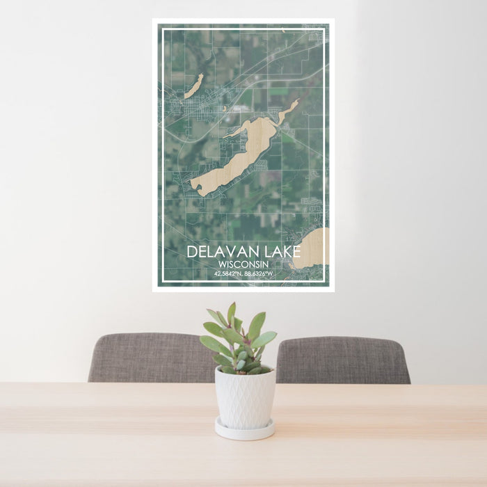 24x36 Delavan Lake Wisconsin Map Print Portrait Orientation in Afternoon Style Behind 2 Chairs Table and Potted Plant