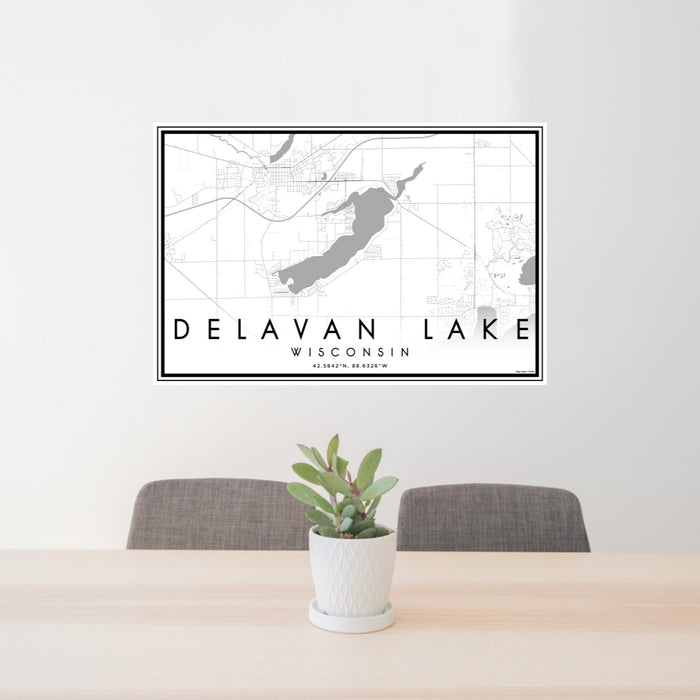 24x36 Delavan Lake Wisconsin Map Print Lanscape Orientation in Classic Style Behind 2 Chairs Table and Potted Plant