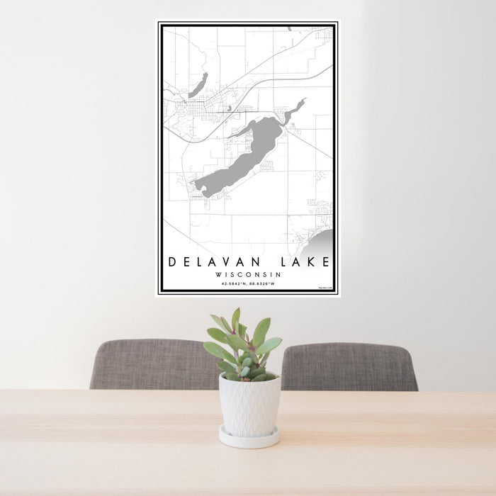 24x36 Delavan Lake Wisconsin Map Print Portrait Orientation in Classic Style Behind 2 Chairs Table and Potted Plant