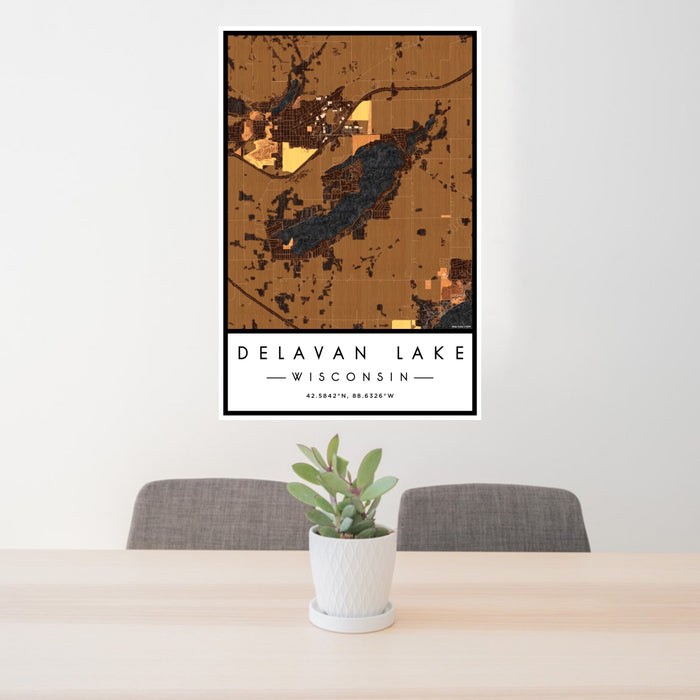 24x36 Delavan Lake Wisconsin Map Print Portrait Orientation in Ember Style Behind 2 Chairs Table and Potted Plant
