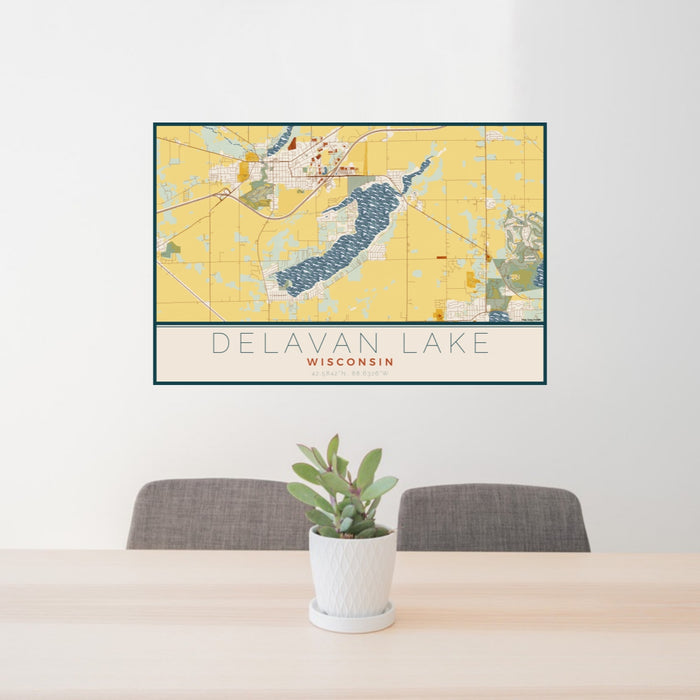 24x36 Delavan Lake Wisconsin Map Print Lanscape Orientation in Woodblock Style Behind 2 Chairs Table and Potted Plant