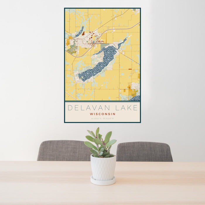 24x36 Delavan Lake Wisconsin Map Print Portrait Orientation in Woodblock Style Behind 2 Chairs Table and Potted Plant